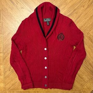 LRL Ralph Lauren Sweater Cardigan Womens Med Red Crest Cable Knit Shawl Collar